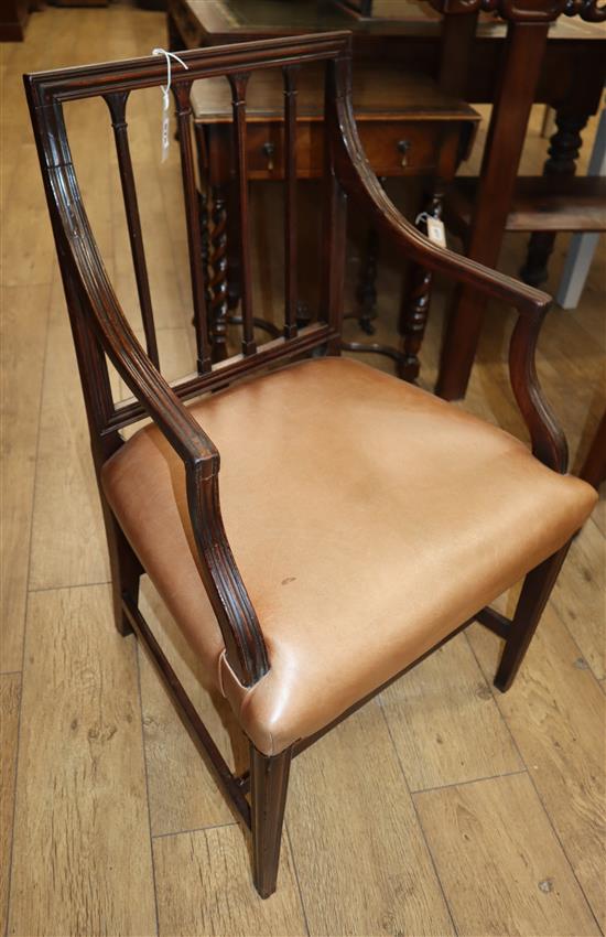 A Georgian mahogany square frame Sheraton style elbow chair